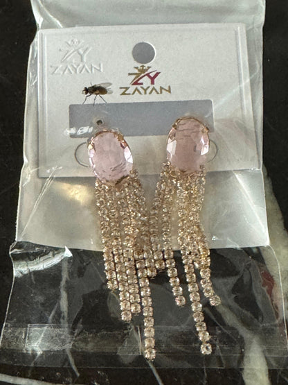 Glamorous Pink Crystal Drop Earrings with Rhinestone Tassels – Zayan Collection