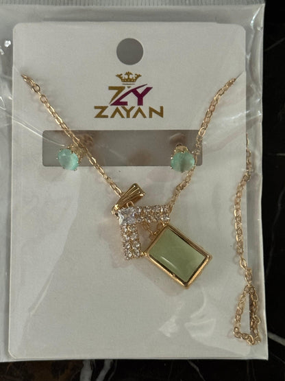 Mint Green Geometric Pendant & Stud Earrings Set – Elegance Series
