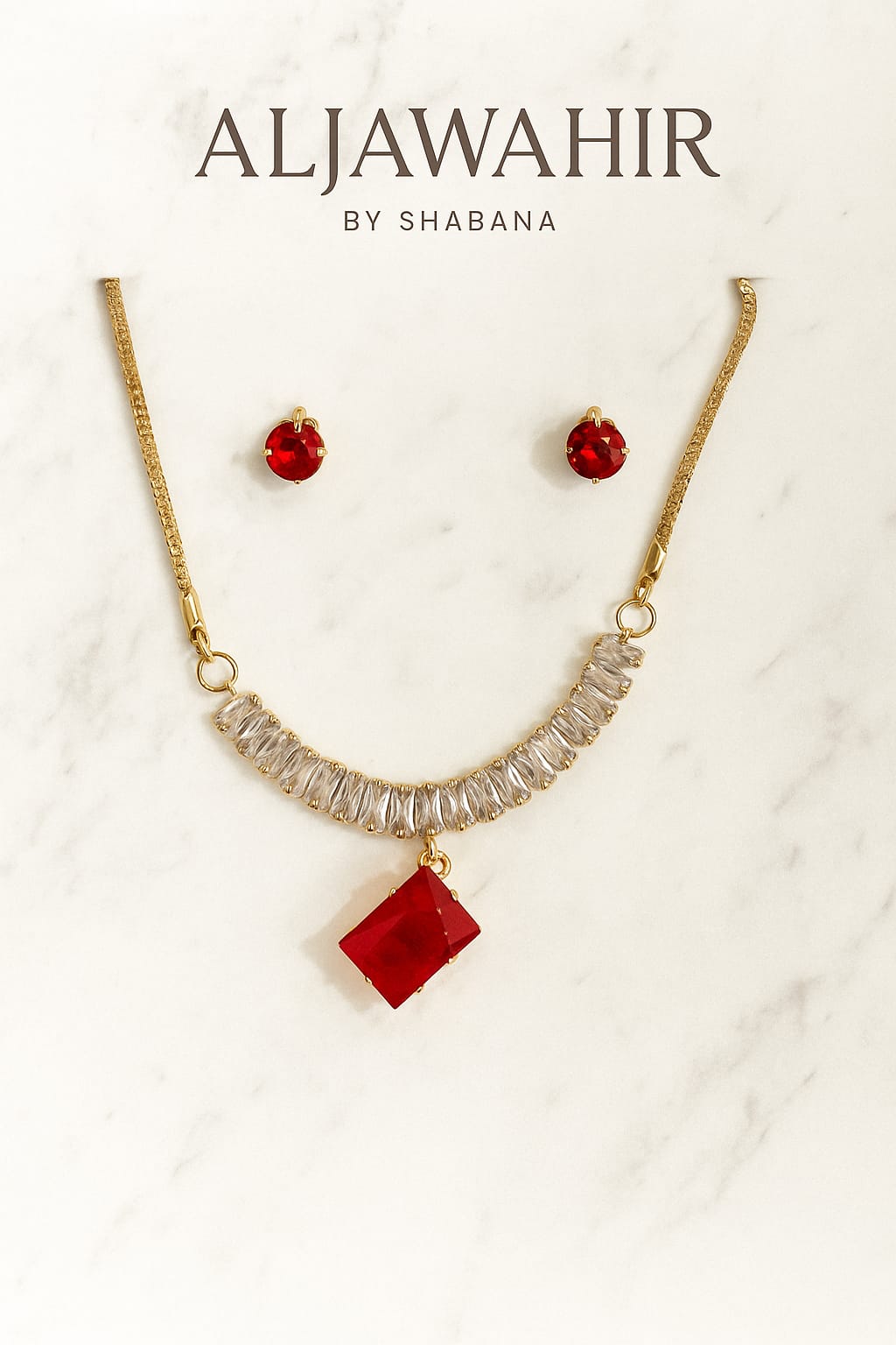 Red Gem Necklace & Stud Earrings Set – Crystal Luxe Series