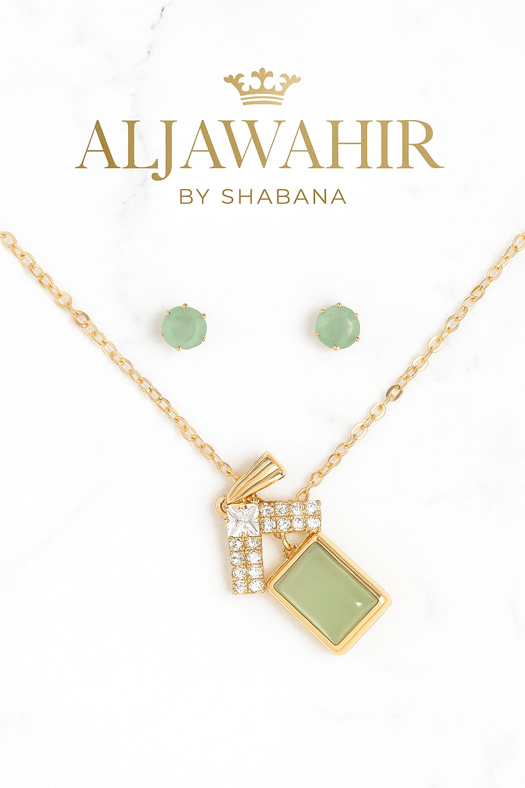 Mint Green Geometric Pendant & Stud Earrings Set – Elegance Series