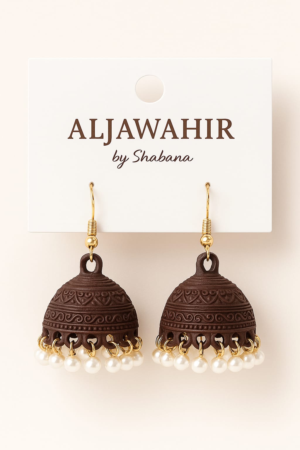 Handcrafted Brown Jhumka Earrings with Pearl Detailing – Zayan Collection