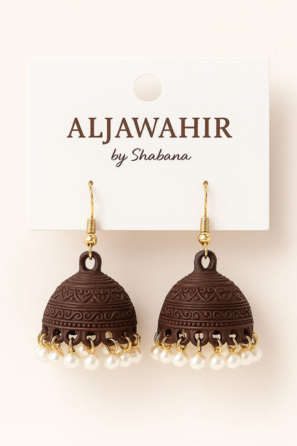 Handcrafted Brown Jhumka Earrings with Pearl Detailing – Zayan Collection