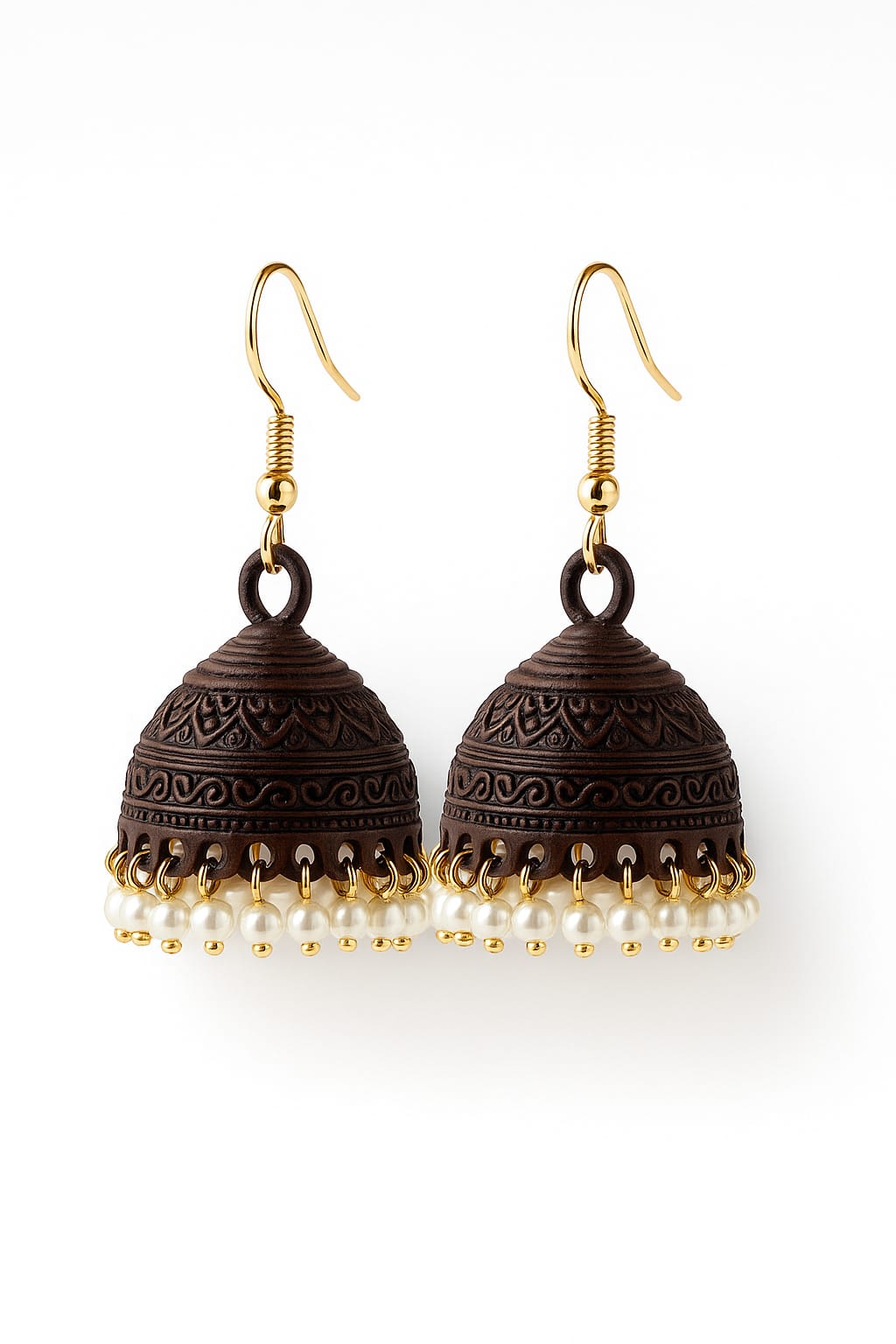 Handcrafted Brown Jhumka Earrings with Pearl Detailing – Zayan Collection