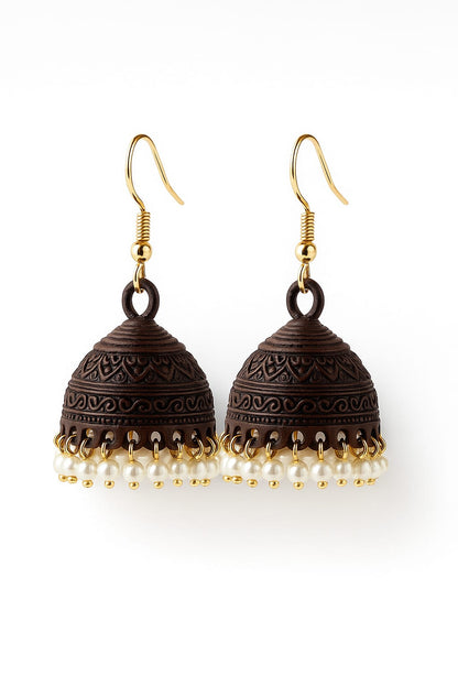 Handcrafted Brown Jhumka Earrings with Pearl Detailing – Zayan Collection