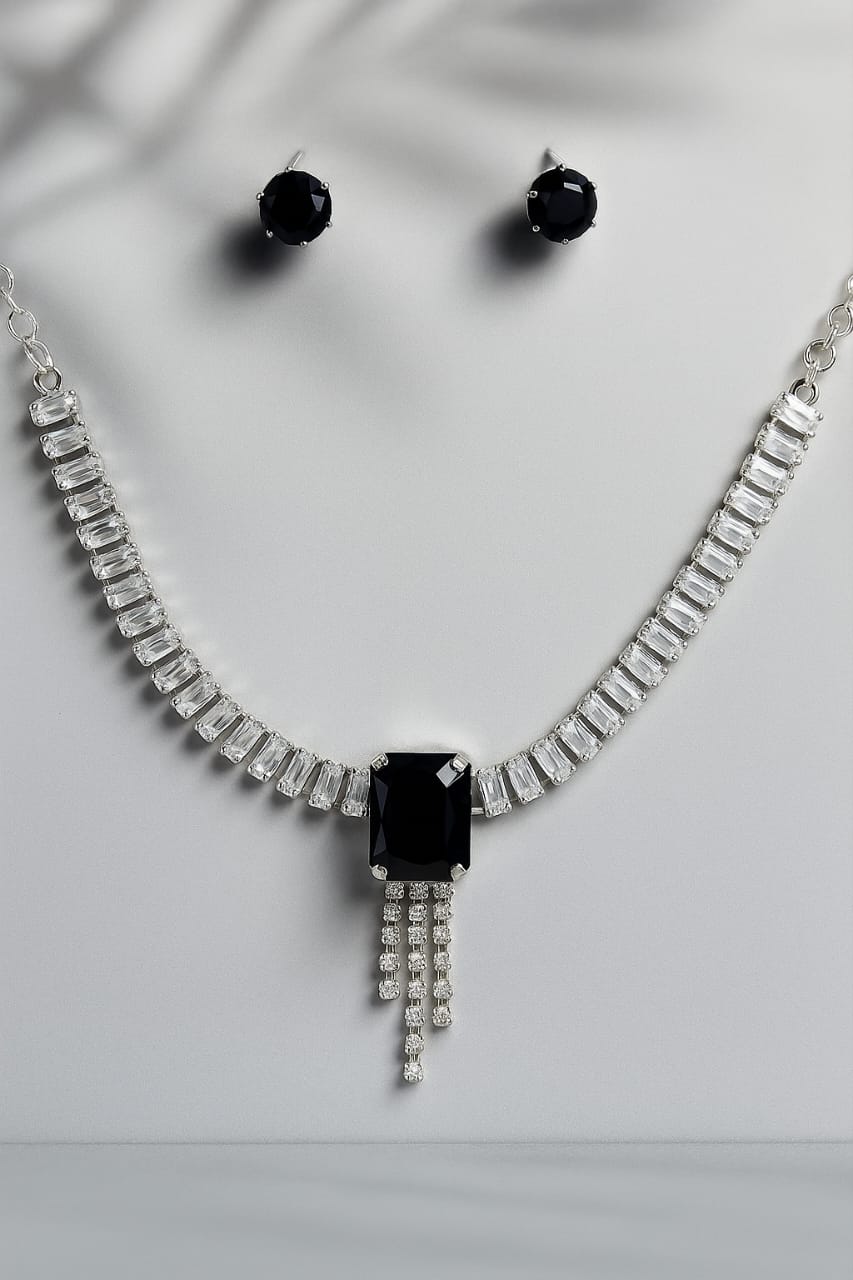 Midnight Elegance Black Stone Necklace & Earring Set – Crystal Accent Statement Jewelry